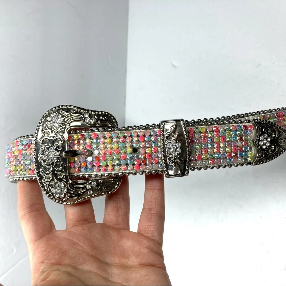 Western Leather Rhinestones Belt Colorful Studded XS Shining Belt Cowgirl